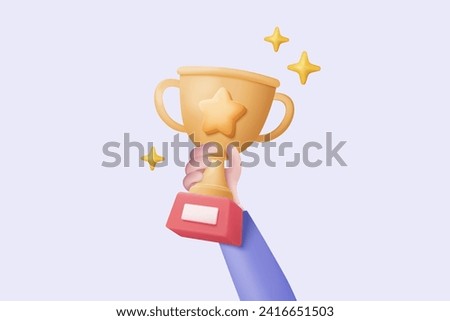 3d celebrate winners with golden cup, prize winners stars in holding hand. Award ceremony concept on pedestal with cartoon 3d style. 3d trophy award icon vector render illustration on background