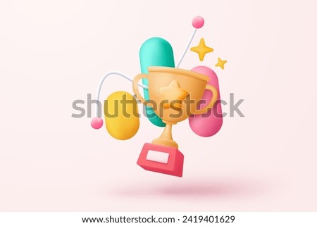 3d winners prize with golden cup, gold winners stars for rewards ceremony. Award ceremony first and second and third concept on podium. 3d trophy icon vector render isolated on pastel background