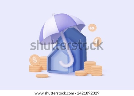 3D real estate and coin with insurance protection. money saving to loan house, property of financial, money investment. Stack of coins and a tiny house bank. 3d house icon vector render illustration