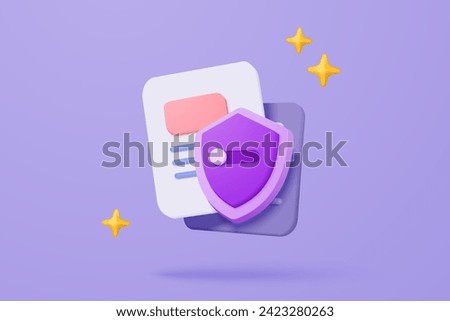 3D media data with video and photo gallery library with shield protection 3d icon. Security image and video files in database. Document management form. 3d file icon vector render illustration