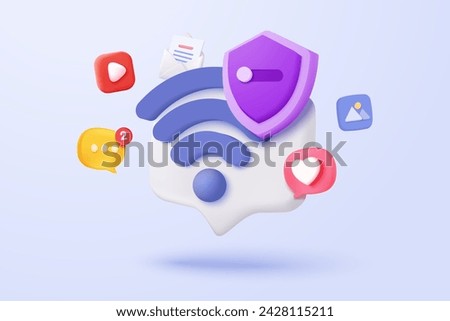 3d wireless connection and sharing network with shield protection icon. Hotspot access point for digital online coverage. Broadcast area with WiFi. 3d wireless signal icon render vector illustration