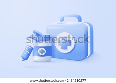 3d first aid medicine box with plus icon. Vaccination medical equipment, emergency pack, hospital or ambulance safety bag. medical pharmacy medicament. 3d medicine cure icon vector render illustration