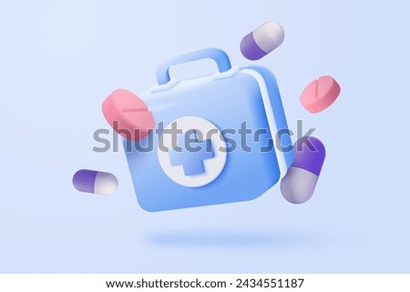 3d first aid medicine box with plus icon. Vaccination medical equipment, emergency pack, hospital or ambulance safety bag. medical pharmacy medicament. 3d medicine cure icon vector render illustration