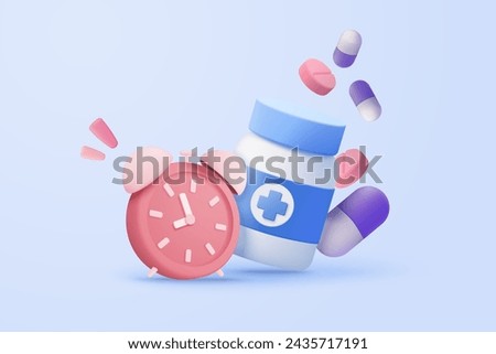 3d alarm clock with medical medication bottle and pharmacy drug icon. Vaccination medical equipment, healthcare medicine. medical pharmacy medicament. 3d medicine cure icon vector render illustration