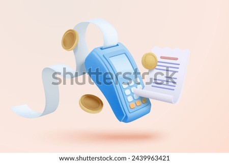 3D bill payment with credit card and financial for online shopping, payment credit card with alert notification. Invoice transaction with credit card reader. 3d receipt vector icon render illustration