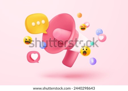 3d megaphone speaker or loudspeaker bullhorn for announce promotion in background, megaphone loud hailer with microphone, speakerphone 3d icon vector render illustration for alert and announcement 