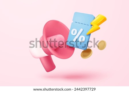 3D coupon icon with megaphone speaker for sales and shopping online, discount coupon of cash. flash lightning on time alert notice special offer promotion. 3d price tag icon vector render illustration