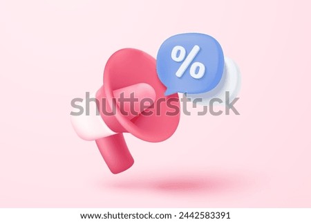 3D coupon icon with megaphone speaker for sales and shopping online, discount coupon of cash. flash lightning on time alert notice special offer promotion. 3d price tag icon vector render illustration