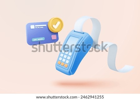 3D bill payment with credit card and financial for online shopping, payment credit card with alert notification. Invoice transaction with credit card reader. 3d receipt vector icon render illustration