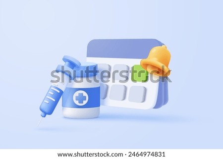 3d calendar marked date and time for reminder with pharmacy drug icon. Vaccination medical equipment, healthcare medicine. medical pharmacy medicament. 3d alarm clock icon vector render illustration