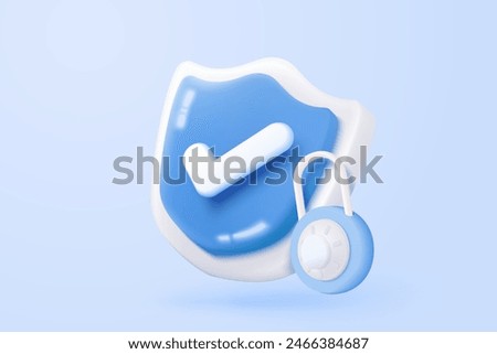 3D shield protection icon with check for online payment on white background concept, user account for 3d security with payment protection on isolated vector render background