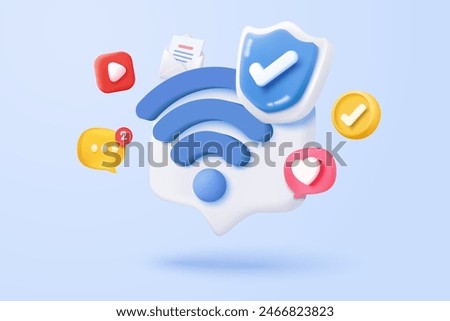 3d wireless connection and sharing network with shield protection icon. Hotspot access point for digital online coverage. Broadcast area with WiFi. 3d wireless signal icon render vector illustration