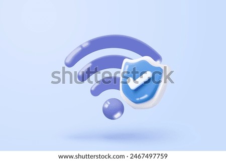 3d wireless connection and sharing network with shield protection icon. Hotspot access point for digital online coverage. Broadcast area with WiFi. 3d wireless signal icon render vector illustration