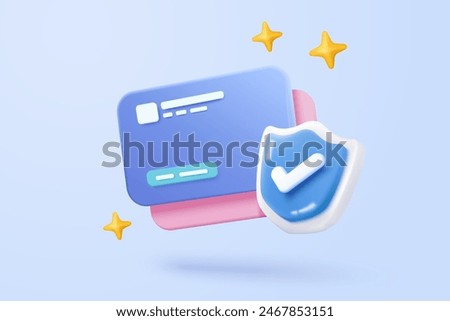 3D shield protection icon with credit card for online payment on white background concept, user account for 3d security with payment protection for e commerce on isolated vector render background