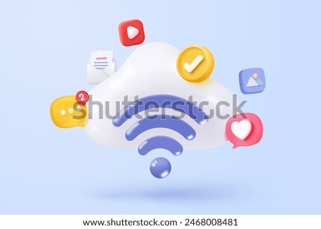 3d wireless connection and sharing network on internet. Hotspot access point for digital and online coverage. Broadcasting area with WiFi. 3d wireless signal icon rendering vector illustration