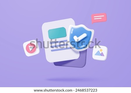 3D media data with video and photo gallery library with shield protection icon. Security image and video files in database. Document management form. 3d file icon vector render illustration