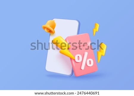 3D thunder bolt icon with coupon for sale and shopping online, discount coupon in mobile phone. flash lightning on alert notice special offer promotion. 3d price tags icon vector render illustration