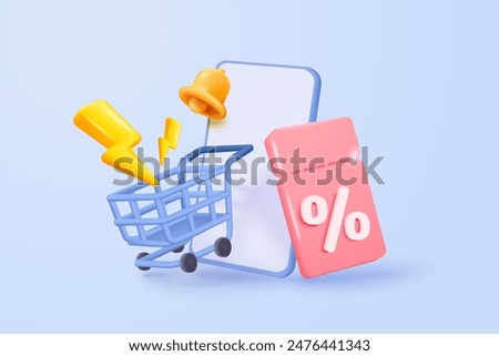 3d mobile phone with price tags notify for online shopping concept. Basket with promotion tag discount coupon of money for future, special offer promotion. 3d reminder icon vector render illustration