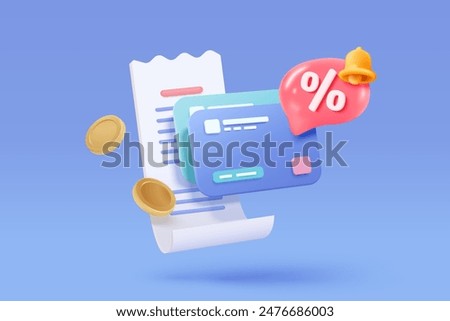 3D bill payment with credit card and financial for online shopping, payment credit card with alert notification. Invoice transaction with money coin. 3d receipt vector icon render illustration