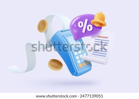 3D bill payment with credit card and financial for online shopping, payment credit card with alert notification. Invoice transaction with credit card reader. 3d receipt vector icon render illustration