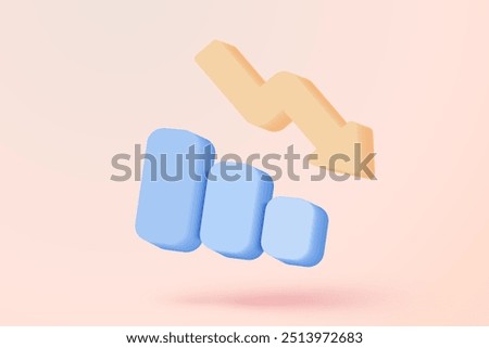 3D graph with plummeting on background. Business failure with negative trend concept, bar chart down. 3d representation for finance investment. 3d trading stock icon vector render illustration