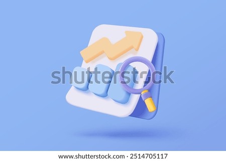 3D graph up with search notice icon for finance statistic, sell and buy report. analyzing investment money cash and exchange with finance. 3d trading stock report icon vector render illustration