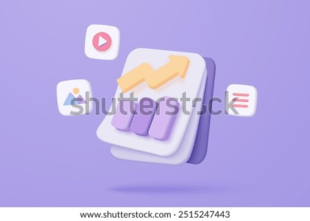 3D media data icon with video and photo gallery library. Document management statistic report, document analyzing files. 3d file graph up with alert notice icon for vector render illustration