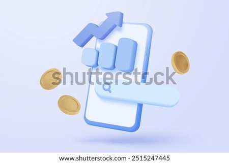 3D search bar or magnifying glass for research info statistic on mobile phone. analyzing investment money cash and exchange with detective. 3d magnifier icon vector render illustration