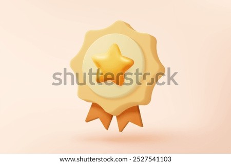 3d winner medal with star and ribbon on pastel yellow background. Quality guarantee of product champion award with cartoon minimal style. 3d graphics medal rating icon vector rendering illustration