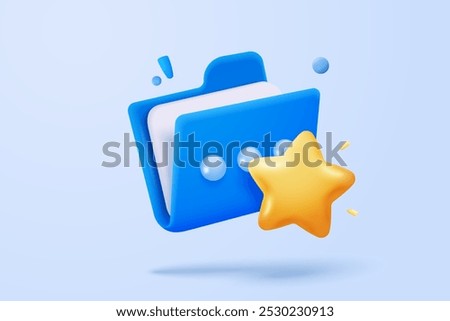 3d folder bookmark icon for favorite management media file, document on project plan organization. Mark star symbol secret on paperwork. 3d file folder icon vector render illustration