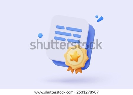 3d certificate or diploma icon with medal and ribbon bow. White clipboard task management todo check list in preschool, prize on project plan concept. 3d graduation icon vector render illustration