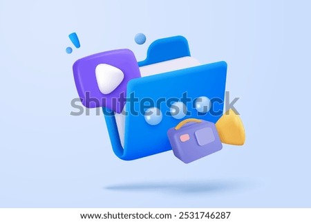 3d folder and paper for management multimedia movie file, paperwork multiple signs on database. Image and video document minimal folder icon. 3d cinema icon vector render illustration