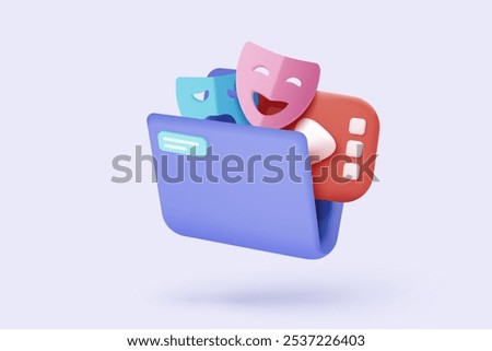 3d folder and paper for management multimedia movie file, paperwork multiple signs on database. Image and video document minimal folder icon. 3d cinema icon vector render illustration