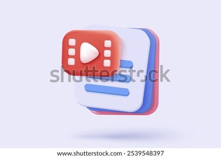 3D media data with video and photo gallery library. Searching image and video files in database. Document management soft, document form, compound docs concept. 3d file icon vector render illustration