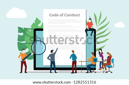code of conduct team people work together on paper document on laptop screen - vector illustration Сток-фото © 