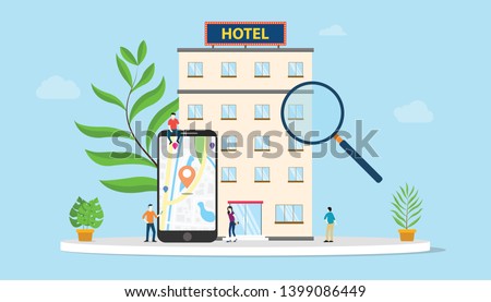 find hotel or search hotels concept with smartphone maps gps location and building with team people and modern flat style - vector