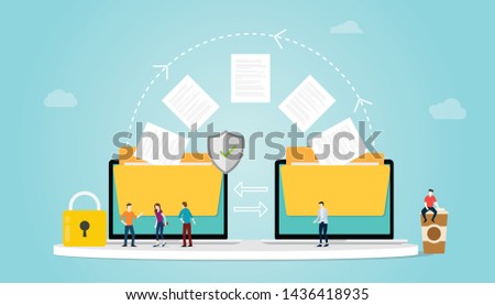 file transfer concept with folder and files transfering move with security and padlock and team people with modern flat style - vector