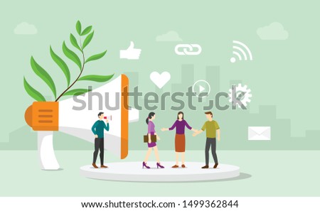 pr public relations business corporate concept with team people communicate with consumers and buyer with modern flat style - vector