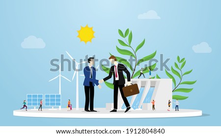 green deal for earth environment between two businessman or government with some power green energy as background