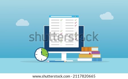 online test concept with computer and paper fill test and books with modern flat style