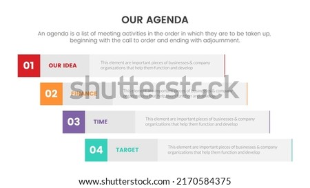 agenda infographic concept for slide presentation with 4 point list and long box vertical shape direction