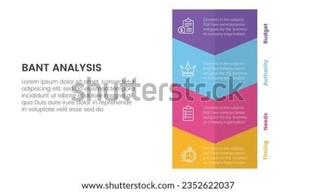 bant sales framework methodology infographic with big vertical arrow to bottom direction 4 point list for slide presentation vector