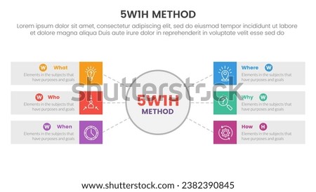 5W1H problem solving method infographic 6 point stage template with big circle and long rectangle box description for slide presentation