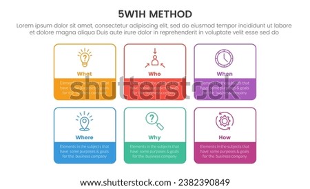 5W1H problem solving method infographic 6 point stage template with big box outline table with colorfull content for slide presentation