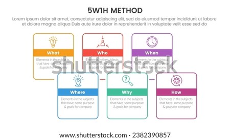 5W1H problem solving method infographic 6 point stage template with outline box with badge header for slide presentation