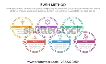 5W1H problem solving method infographic 6 point stage template with big circle outline up and down merge for slide presentation