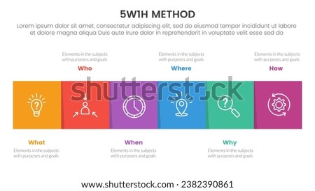 5W1H problem solving method infographic 6 point stage template with square box on horizontal direction for slide presentation