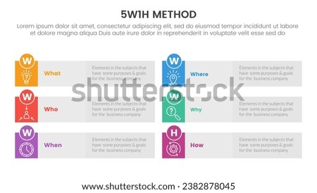 5W1H problem solving method infographic 6 point stage template with long rectangle box symmetric structure for slide presentation