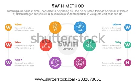 5W1H problem solving method infographic 6 point stage template with circle icon on cycle circular and description on left and right layout for slide presentation