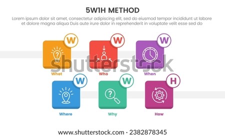 5W1H problem solving method infographic 6 point stage template with square box icon with circle on top for slide presentation